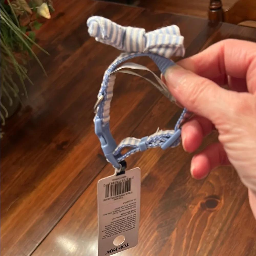 New Top Paw Blue and White Striped Bow Collar XX-Small